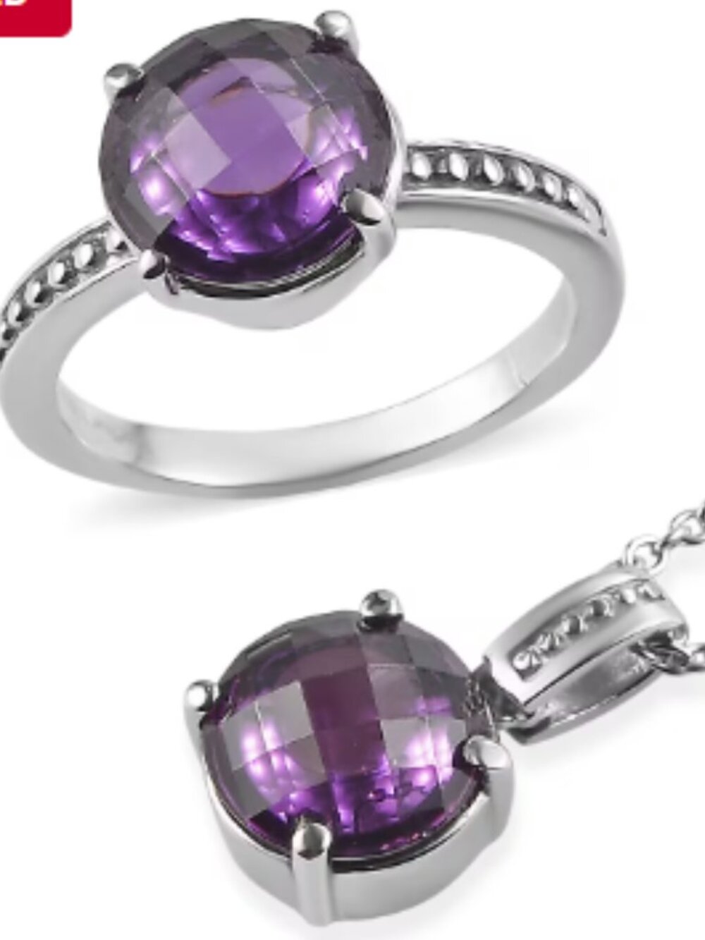 Simulated Amethyst Color Diamond Ring and Pendant Necklace
